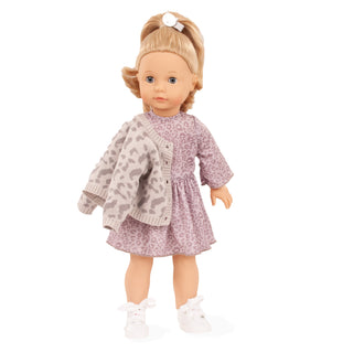 Jessica doll wearing knit leopard cardigan
