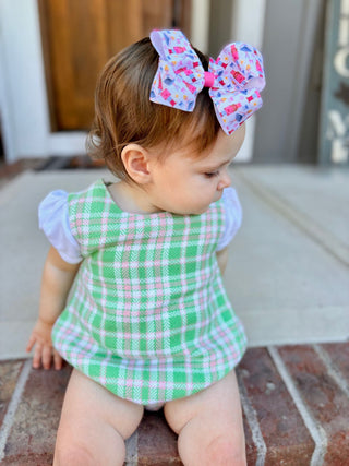 Wee Ones Pink Christmas Print Hair Bow - Nutcracker, worn