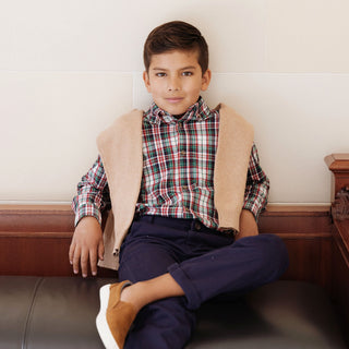 Boy in Hope & Henry Multi Holiday Tartan poplin shirt, lifestyle photo