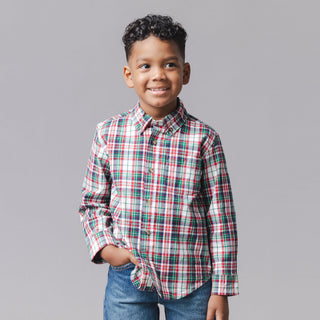 Boy wearing Hope & Henry Multi Holiday Tartan poplin shirt