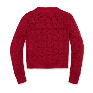 Red Diamond pointelle cardigan sweater, side view