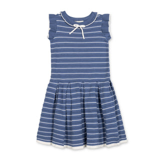 Hope & Henry flutter sleeve pleated sweater dress in Denim Blue Stripe
