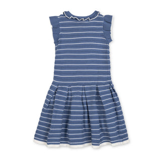 Girl wearing Hope & Henry Denim Blue Stripe pleated sweater dress