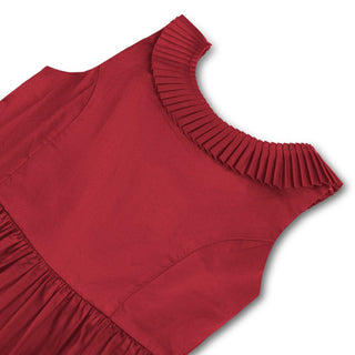 Red organic pleated collar party dress, back view