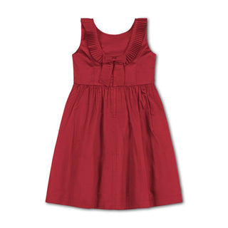 Red organic pleated collar party dress, detail view