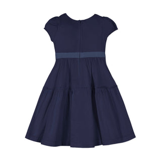 Navy puff sleeve tiered party dress, detail view