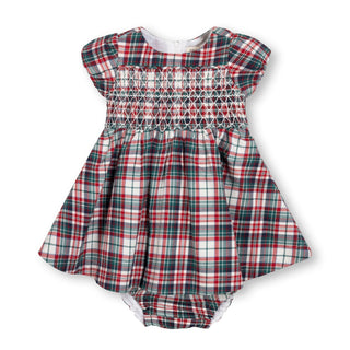 Hope & Henry organic smocked puff sleeve baby dress in Multi Holiday Tartan