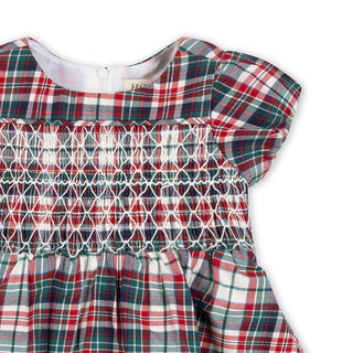 Multi Holiday Tartan smocked puff sleeve baby dress, back view