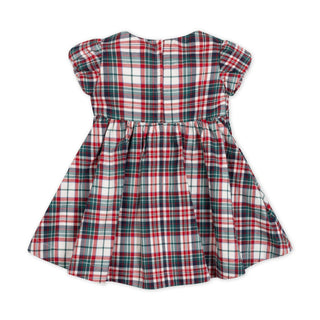 Multi Holiday Tartan smocked puff sleeve baby dress, detail view