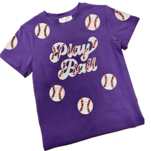Kids Belle Cher Purple Playball Tiger Baseball Sequin Tee