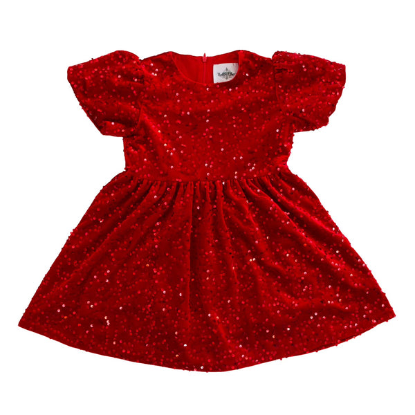 open lace back dress Belle Cher Red Sequin Velvet Dress with Puff Sleeves 3Y