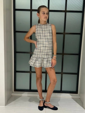 Little Olin Black, White & Gold Tweed Ruffle Dress