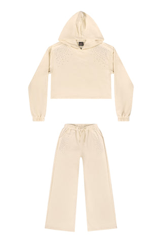Beige Hoodie Wide Leg Sweatpant Set