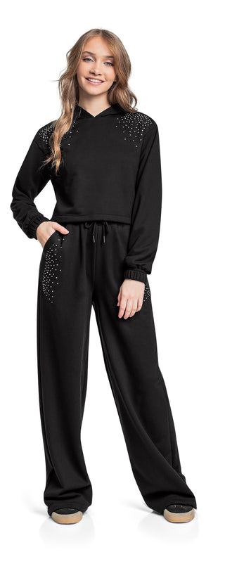 Black Hoodie Wide Leg Sweatpant Set with Rhinestone Accents