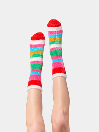 Shiraleah multicolor fuzzy stripe socks worn at home