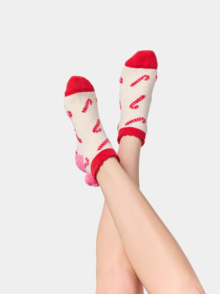 Shiraleah ivory candy cane fuzzy socks with red trim