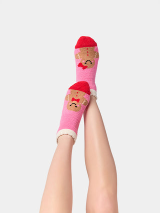 Shiraleah gingerbread fuzzy socks worn at home