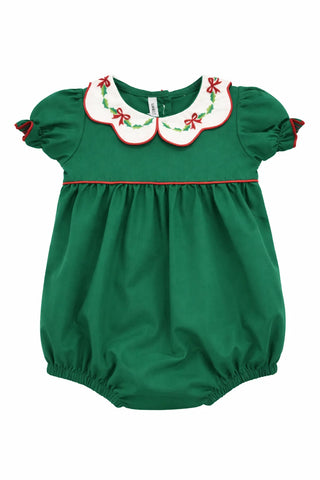 Sweet Dreams baby hunter green bubble with scallop collar and embroidered bows and holly