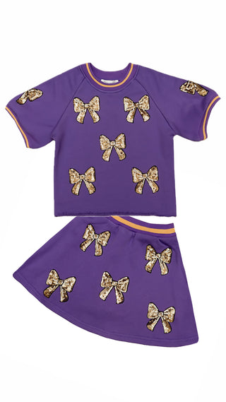 Belle Cher Purple/Gold Sequin Bows 2Pc Knit Short Set