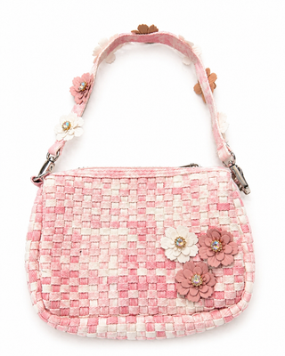 Bari Lynn Denim Weave Flower Charm Bag  Pink/White