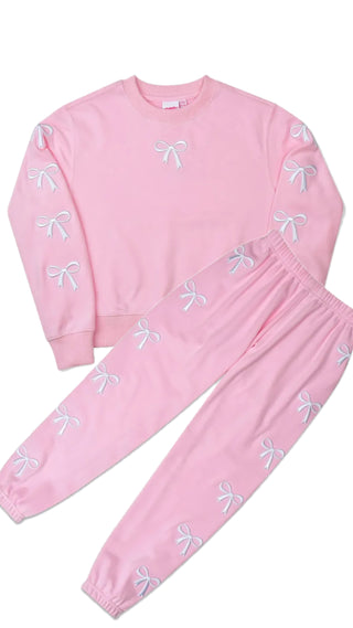 Pink Embroidered Bows Sweatshirt & Sweatpants Set