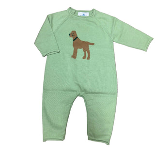 Sage & Lilly green knit baby romper with a brown dog wearing a dark green collar on the chest
