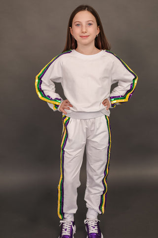 Blended Spirit White Mardi Gras 2Pc Sequin Jogger Set