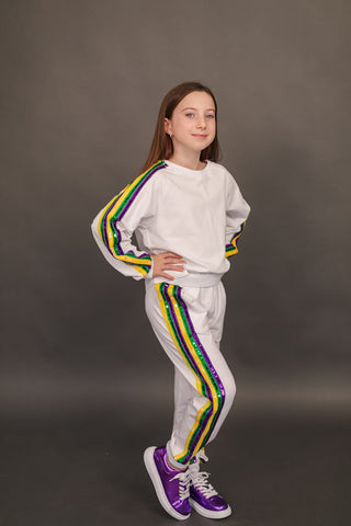 Blended Spirit White Mardi Gras 2Pc Sequin Jogger Set