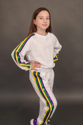 Blended Spirit White Mardi Gras 2Pc Sequin Jogger Set
