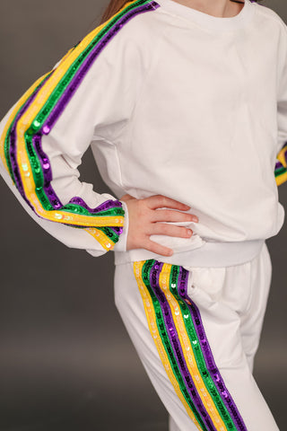 Blended Spirit White Mardi Gras 2Pc Sequin Jogger Set