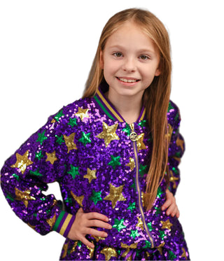 Blended Spirit Purple Sequin Mardi Gras Star Bomber Jacket (Child)