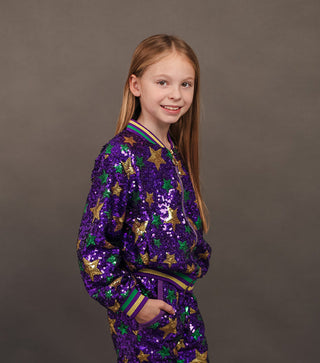 Blended Spirit Purple Sequin Mardi Gras Star Bomber Jacket (Child)