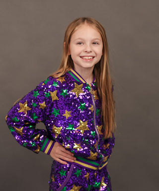 Blended Spirit Purple Sequin Mardi Gras Star Bomber Jacket (Child)