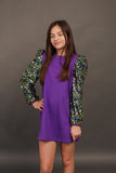 Blended Spirit Mardi Gras Velvet Sweatshirt Dress with Sequin Sleeves