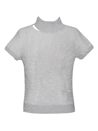 Fuzzy Short Sleeve Blouse with Assymmetric Neck Cutout