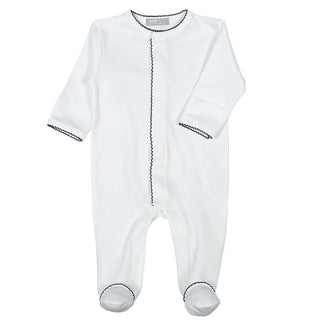Baby Loren Footie - White w/ Navy Trim