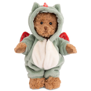 Bukowski Bears Bjorn teddy bear in a sage green dragon onesie with red wings