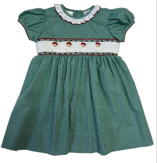 Girls Rose Green Gingham Smocked Waist Santa Dress
