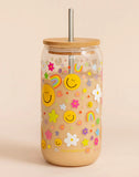 Rainbows and Smiley Faces Glass Can with Bamboo Lid & Straw