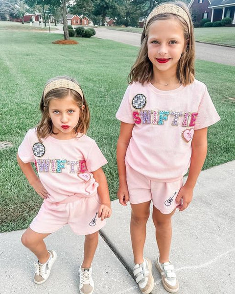 Waffle Knit Chenille Patch 2Pc Swiftie Shorts Set