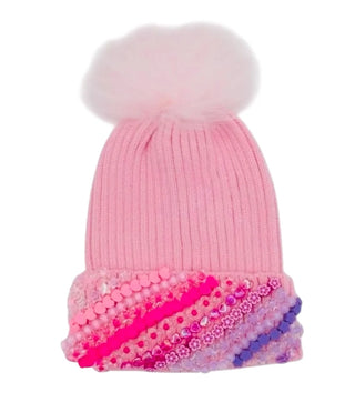Charm Cuff Beanie Hat with Faux Fur Pom Pom