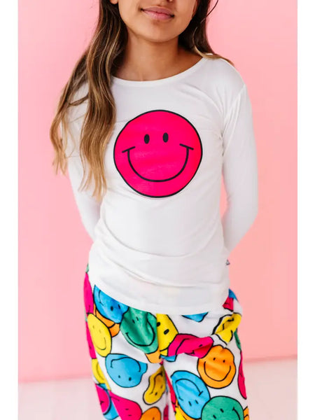 Macaron + Me White Long Sleeve Scoop Tee - Smiley