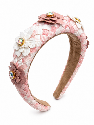 Bari Lynn Denim Weave Headband Crystallized with Flower Charms