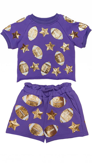 Belle Cher Purple/Gold Sequin Football 2Pc Knit Short Set
