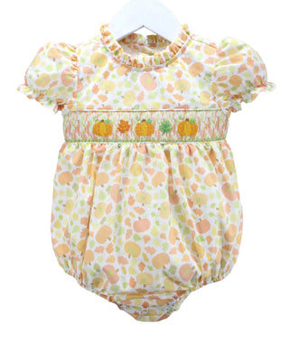 Baby Blessings baby girl bubble with smocked pumpkin waistband, ruffle neckline and puff sleeves