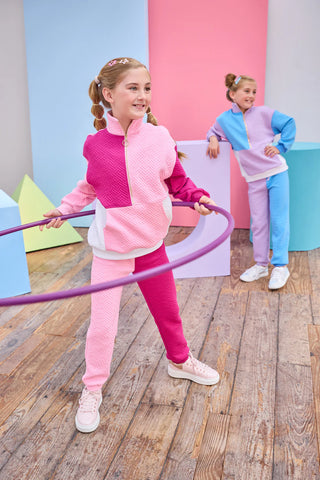 Bisby Color Block 2Pc Jogger Set - Pink & Cranberry Quilted Trellis