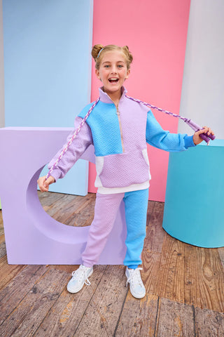 Bisby Color Block 2Pc Jogger Set - Lavender & Blue Quilted Trellis