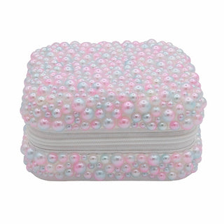 A small rectangular zippered case covered in pink, white, and iridescent pearl-like beads, shown on a plain white background.