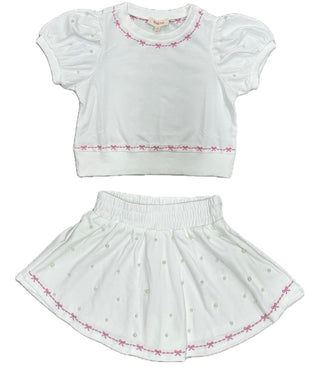 Off-White Bow Embo Pearl Embellished 2Pc Skirt Set