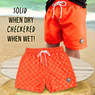 Fletch Neon Orange Checker Swim Trunks